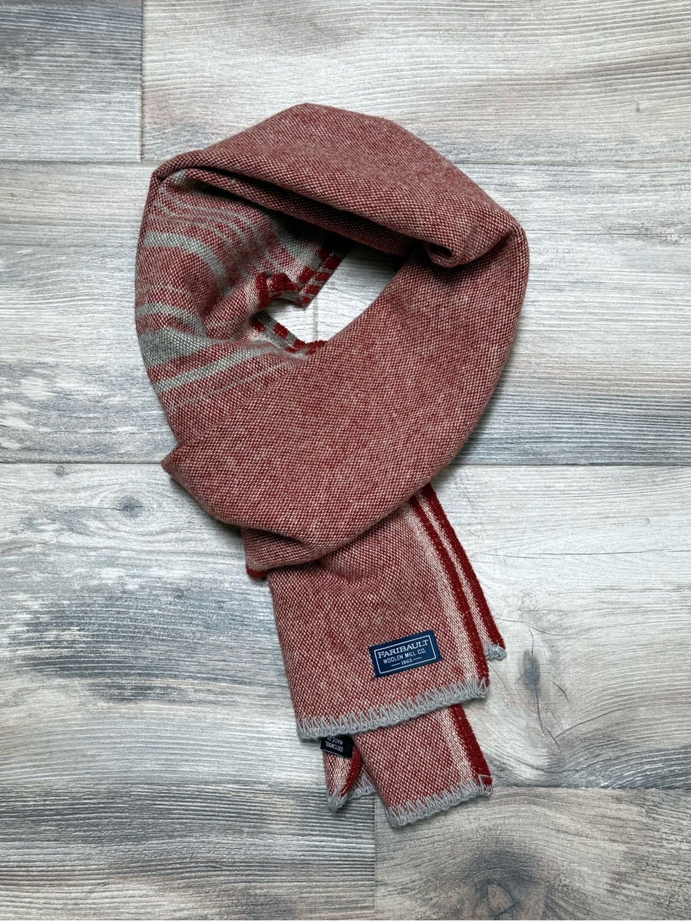 Faribault Mill 100% Wool Scarf Red Gray Striped USA Made